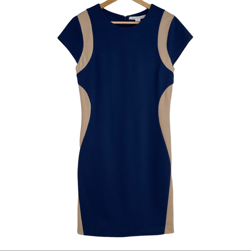 Diane Von Furstenberg Navy Blue and Tan Color Block Sheath Midi Dress Size 8